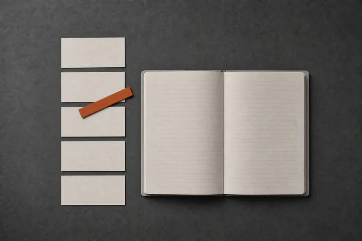 An open appointment book beside a column of blank appointment cards, one marked with a rust paper tab.