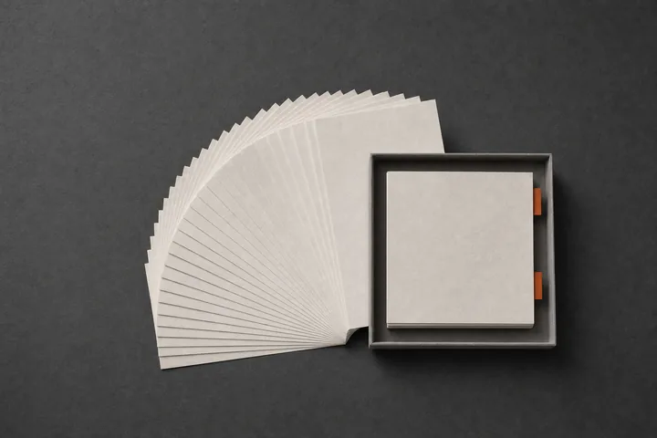 A wide fan of index cards converging into a single tidy stack in a tray.