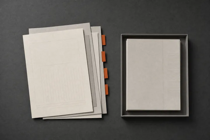 Stacked documents with rust index tabs beside a squared stack in a shallow tray.
