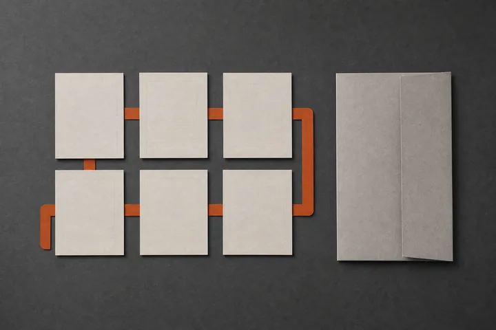Six paper cards linked by one continuous rust ribbon, with a folded sheet at the edge.