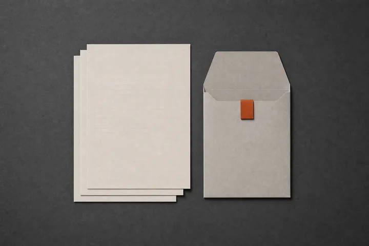 Three aligned ledger sheets beside an envelope sealed with a rust paper band.