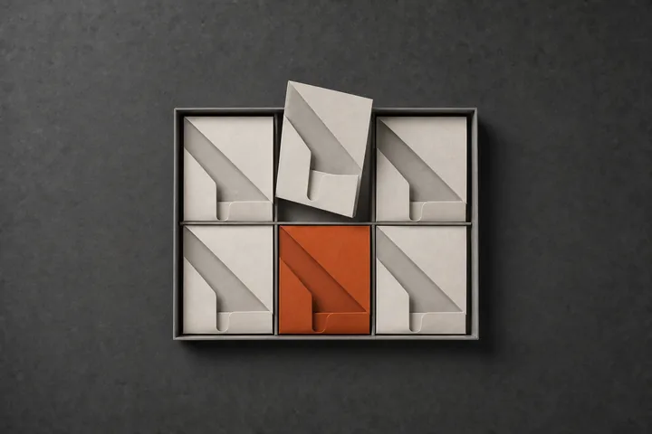 Six identical folded paper forms set into a tray like a toolkit, one of them rust.